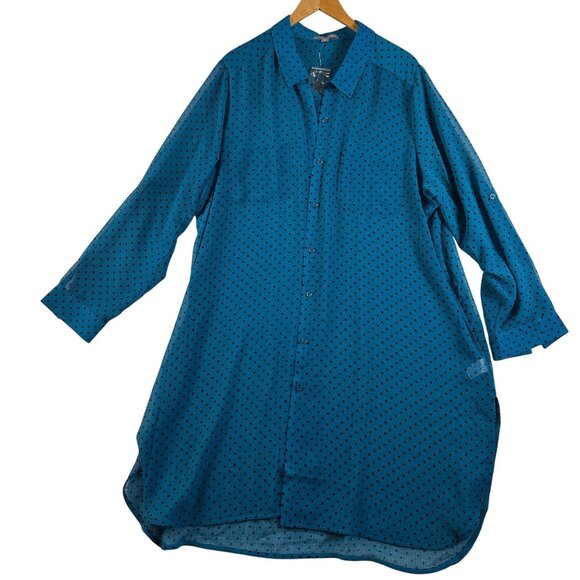 Jessica London Womens 24W Polka Dot Turquoise Button-Up Tunic Shirt Dress Sheer - Picture 1 of 15